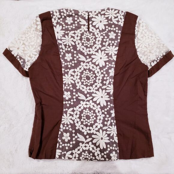 Moncoller Brown Ivory Lace Panel Blouse Size 8 - Picture 2 of 5